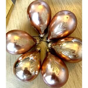 6 VTG Rose Gold Teardrop Glass Christmas Ornaments Glitter Leaf Krebs Germany